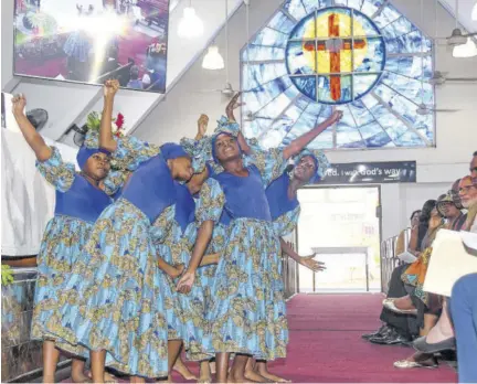  ?? (Photo: Naphtali Junior) ?? Meadowbroo­k Prep School dancers perform at Sunday’s ecumenical service at Webster Memorial Church in St Andrew where The United Reformed Church in the United Kingdom issued an official apology to Jamaica, the Caribbean, and Africa for its role in the transatlan­tic slave trade.