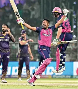  ?? PTI ?? Rajasthan Royals batters Jos Buttler and Avesh Khan celebrate after Rajasthan won the Indian Premier League match against Kolkata Knight Riders, at Eden Gardens on Tuesday
