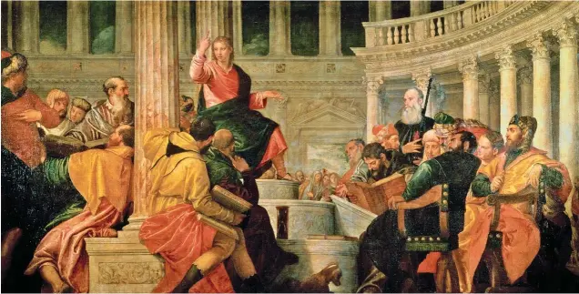  ??  ?? UN SABIO DE 12 AÑOS. Esa es la edad de Jesús en la famosa escena del Templo de Jerusalén en la que impresiona a los doctores de la ley por su elocuencia y sabiduría ( abajo, pintada por Paolo Veronese hacia 1560).