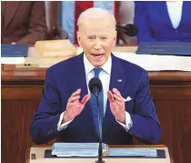  ?? JIM LO SCALZO/ASSOCIATED PRESS ?? President Joe Biden delivers his first State of the Union address to a joint session of Congress at the Capitol in Washington.