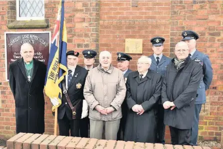  ??  ?? From left at the ceremony are, Rev David Watson; Ivor Lucas from Kingsley Royal British Legion branch; Bernard Dale; Peter Capewell; Martyn Horden and members of the RAF (photo Graham Coates)