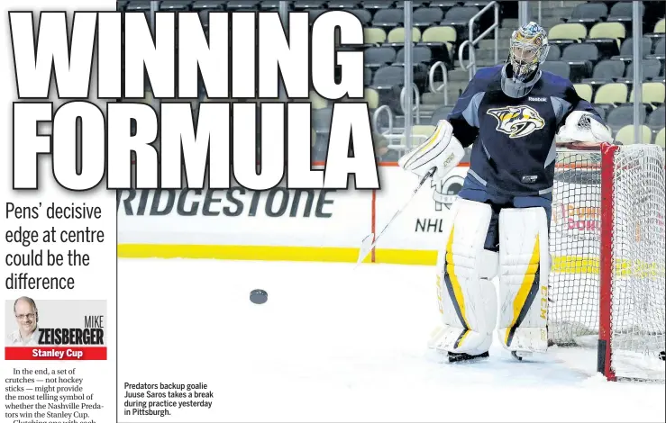  ?? GETTY IMAGES ?? Predators backup goalie Juuse Saros takes a break during practice yesterday in Pittsburgh.