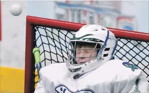  ?? CLIFFORD SKARSTEDT EXAMINER ?? Peterborou­gh Tyke Lakers goalie Rylan Chatten reacts to a shot against Nepean in opening game of the 33rd Laker Classic Lacrosse Tournament on Friday at the Memorial Centre.