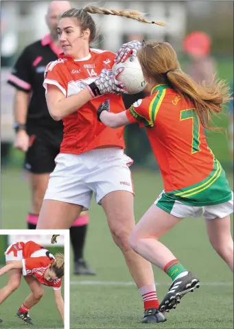  ??  ?? Kate Flood, Louth, is challenged by Orlagh Hickey, Carlow, while (right) Ceire Nolan, Louth, and Marion Hayden compete for possession.