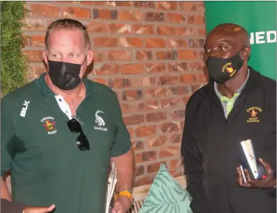  ?? ?? Sables coach Brendan Dawson (left) shares a lighter moment with Zimbabwe Rugby Union president Aaron Jani during the launch of the Sables 2022 Roadmp leading up to the 2023 Rugby World Cup in France