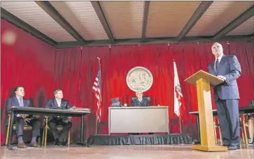  ?? Robert Gauthier Los Angeles Times ?? FROM LEFT, Mayor John Valdivia as his long-ago predecesso­r, William Seccombe; attorney Michael Scaffidi as H.R. Griffith; Justice Manuel Ramirez as Leon Yankwich and attorney Michael Bidart as David C. Marcus.