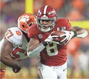  ?? MARK REBILAS/USA TODAY SPORTS ?? In USA TODAY’s post-combine mock draft, Alabama’s Josh Jacobs (8) is the only running back taken in the first round, by the Eagles.