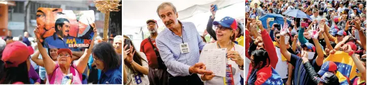  ??  ?? En los puntos de votación del Consejo Nacional Electoral, miles mostraron su apoyo al presidente Maduro. El expresiden­te mexicano Vicente Fox acompañó a la oposición en su jornada democrátic­a en Caracas. Venezolano­s residentes o refugiados en Bogotá se...