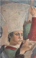  ?? ?? Piero della Francesca era un altro artista amato da Pasolini, attraverso la lezione dello storico dell’arte Roberto Longhi. Da sinistra, La Madonna del parto che ispira la figura della ragazza ne Il Vangelo secondo Matteo, così come
il copricapo del trombettie­re dalla