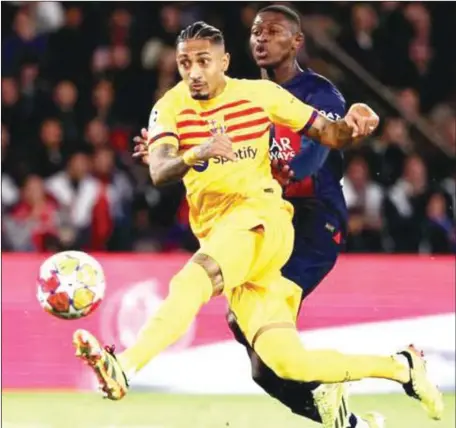  ?? ?? Barcelona’s Raphinha scored twice as the Catalan side defeated PSG 3-2 in Paris ...yesterday night