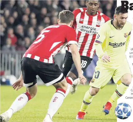  ??  ?? Barcelona forward Lionel Messi (right) passes PSV’s Pablo Rosario and PSV’s Daniel Schwaab (left) during their Group B Champions League match at the Philips Stadium in Eindhoven, Netherland­s, yesterday.