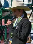  ?? PHOTO: ANDREA DAVY ?? Emerald junior cattle judge Chloe Davey sharing her thoughts on the droughtmas­ter cattle.