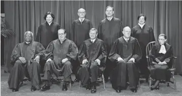  ?? FILE PHOTO BY H. DARR BEISER, USA TODAY ?? 2010 portrait, from left: Clarence Thomas, Sonia Sotomayor, Antonin Scalia, Stephen Breyer, Chief Justice John Roberts, Samuel Alito, Anthony Kennedy, Elena Kagan, Ruth Bader Ginsburg