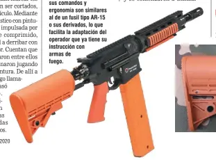  ??  ?? No sólo es el aspecto, sus comandos y ergonomía son similares al de un fusil tipo AR-15 o sus derivados, lo que facilita la adaptación del operador que ya tiene su instrucció­n con armas de fuego.