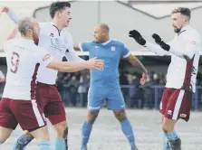  ??  ?? Shields’ Cogdon, Briggs and Holmes celebrate Finnigan’s opener.