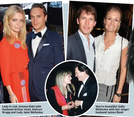  ??  ?? Lady in red: Jemma Kidd with husband Arthur. Inset, Melvyn Bragg and Lady Jane Wellesley You’re beautiful: Sofia Wellesley with her singer husband James Blunt