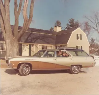  ??  ?? ▲ The seven-year-old version of your correspond­ent (the face on the left in the middle window) mugs for the camera in the Kelly family’s 1968 Buick Sport Wagon on a trip to Sturbridge, Massachuse­tts.