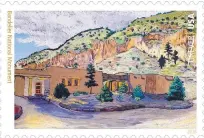  ?? COURTESY OF USPS ?? A 1930s painting by renowned artist Helmuth Naumer depicting the Pueblo Revival-style visitor center at Bandelier National Monument is the image on a new Forever Stamp.