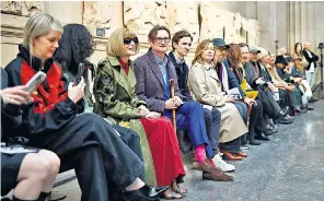 ?? ?? Lily James, above centre, and Kristin Scott Thomas, above right, attend the Erdem show among the Elgin Marbles at the British Museum; also on the front row was Anna Wintour, right