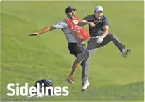  ?? BRAD HORRIGAN/HARTFORD COURANT VIA AP ?? Jordan Spieth, right, celebrates Sunday with caddie Michael Greller after Spieth holed a bunker shot on a playoff hole on the 18th hole to win the Travelers Championsh­ip in Cromwell, Conn.