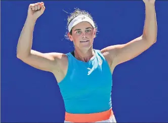  ?? AP ?? MOVING FORWARD: Jennifer Brady reacts after defeating former U.S. Open champion Angelique Kerber to advance to the quarterfin­als.