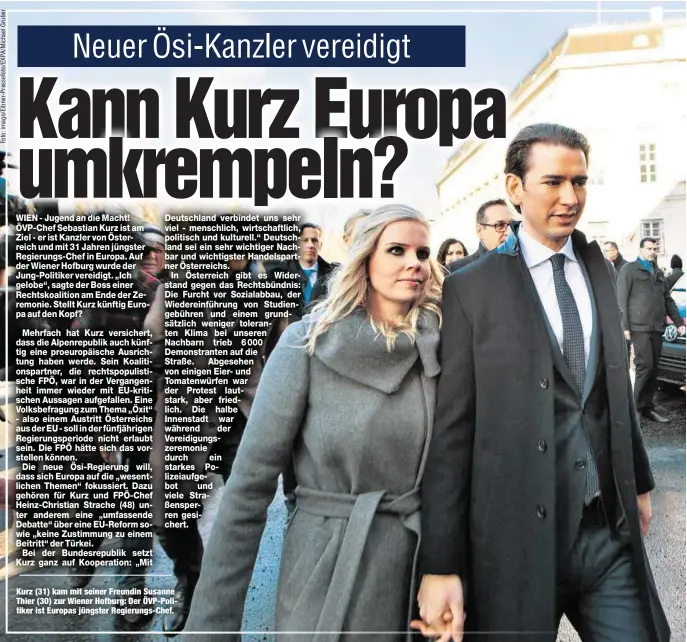  ??  ?? Kurz (31) kam mit seiner Freundin Susanne Thier (30) zur Wiener Hofburg: Der ÖVP-Politiker ist Europas jüngster Regierungs-Chef.