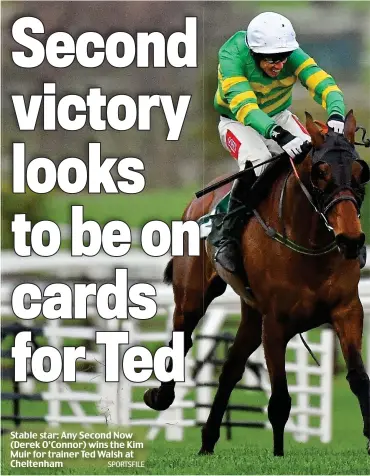  ?? SPORTSFILE ?? Stable star: Any Second Now (Derek O’Connor) wins the Kim Muir for trainer Ted Walsh at Cheltenham