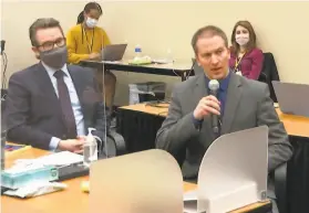  ?? Associated Press ?? Derek Chauvin, alongside his attorney Eric Nelson (left), informs Judge Peter Cahill that he has decided to invoke his Fifth Amendment right not to testify.