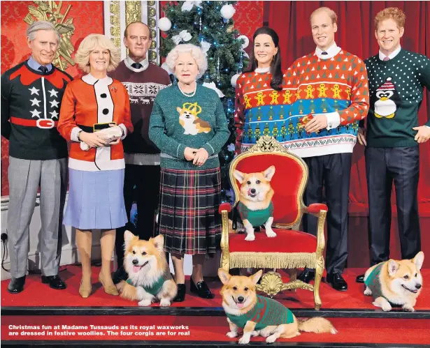  ??  ?? Christmas fun at Madame Tussauds as its royal waxworks are dressed in festive woollies. The four corgis are for real