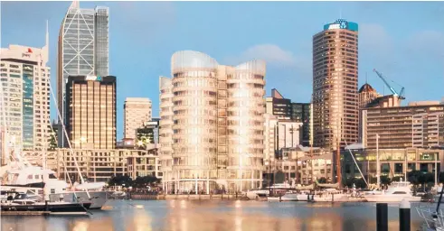  ??  ?? A global search is under way for a developmen­t partner to build a luxury hotel in Viaduct Harbour like the one depicted in this concept drawing. The proposed site of a new luxury five- star hotel is identified by a red border.