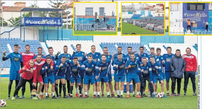  ??  ?? OPTIMISMO. Los jugadores de la Unión Deportiva Melilla posaron ayer para As al finalizar el entrenamie­nto que realizaron en el Álvarez Claro.