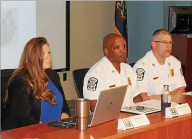  ?? OSCAR GAMBLE — DIGITAL FIRST MEDIA ?? From left, Norristown Police Department Data Analyst Kristi Barletta, Police Chief Mark Talbot Sr., and Deputy Chief, Capt. Richard Clowser, field questions from community members at the department’s public Compstat meeting held at the Montgomery County Intermedia­te Center Wednesday evening.