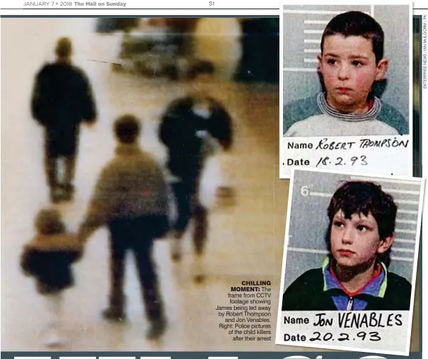  ??  ?? CHILLING MOMENT: The frame from CCTV footage showing James being led away by Robert Thompson and Jon Venables. Right: Police pictures of the child killers after their arrest