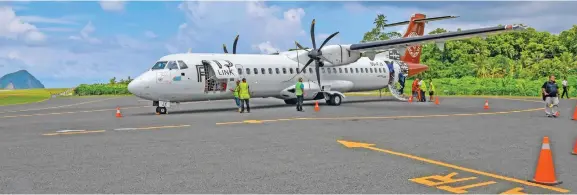  ?? Photo: DEPTFO News ?? Fiji Link’s ATR 72-600 at the new Rotuma Runway opening in Malhaha, Rotuma, October 29, 2018.