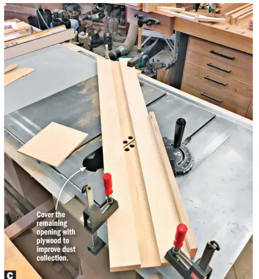  ??  ?? C
Remove the throat plate from your saw and clamp the jig over the opening, aligned with your pencil mark. Turn on the saw and raise the blade 1⁄16" above the jig base. Drill the dust-collection holes, staying clear of the blade and the table surface.