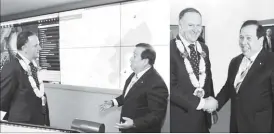  ??  ?? New Zealand Prime Minister John Key avidly listens as Philippine Red Cross Chairman (PRC) Richard Gordon explains how the Operations Center (OpCen) at the PRC Tower works, especially during disasters (left). Key was at the inaugurati­on of the PRC...