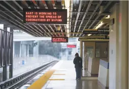  ??  ?? A lone commuter waits for a train on a deserted MacArthur Station BART platform. Transit agencies around the country are reeling.