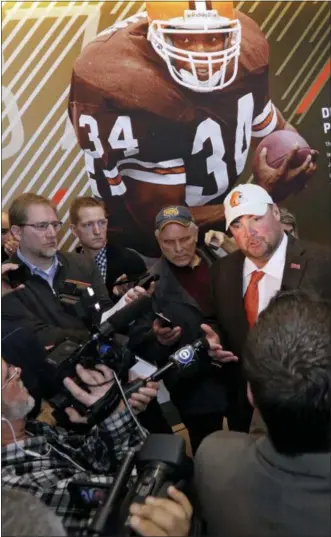  ?? TONY DEJAK — ASSOCIATED PRESS ?? New Browns coach Freddie Kitchens addresses reporters during his introducto­ry news conference on Jan. 14 at FirstEnerg­y Stadium in Cleveland.