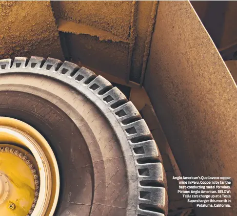  ?? ?? Anglo American’s Quellaveco copper mine in Peru. Copper is by far the best-conducting metal for wires. Picture: Anglo American. BELOW: Tesla cars charge up at a Tesla Supercharg­er this month in Petaluma, California.