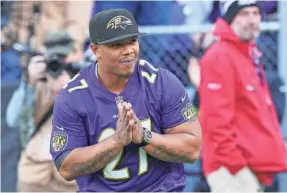 ?? MITCH STRINGER/USA TODAY SPORTS ?? Former Ravens running back Ray Rice is introduced to fans before Sunday’s game.