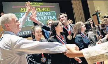  ?? Christina House Los Angeles Times ?? THE EL CAMINO team Sunday after winning the Academic Decathlon for the L.A. Unified School District.