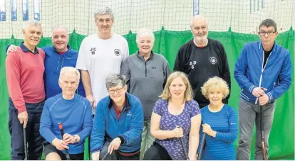  ??  ?? Bully-off Participan­ts from trial walking hockey session, back row:: David Gauld; William Dawson; John Cross; Anne Brodie; Arthur Duncan; Robert MacEwan. Front: Robert Moyes; Kartina Petrie; Catherine Brown; Margaret Dobbs