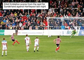  ?? ?? Elliot Embleton scores from the spot for Sunderland against Hartlepool last night