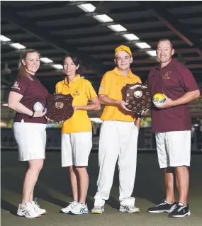  ?? GOOD RIVALRY: Pam Fantini ( SQ), Carmen Cobb ( NQ), Justin Cribbins ( NQ) and Brett Wilkie ( SQ) are set for the NQ v SQ lawn bowls challenge. Picture: ALIX SWEENEY ??