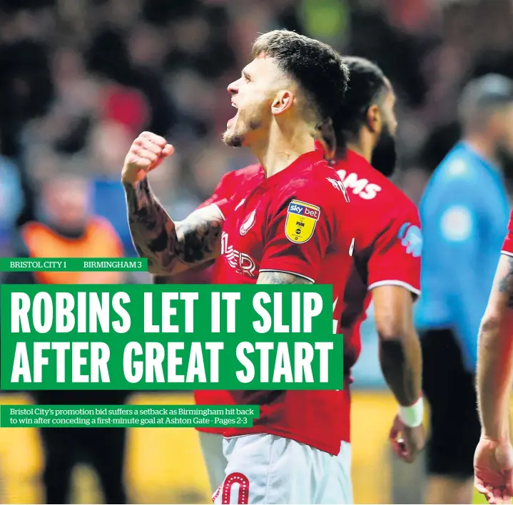  ?? Picture: Rogan Thomson/JMP ?? Jamie Paterson celebrates scoring for Bristol City in the first minute of Friday’s Championsh­ip game against Birmingham