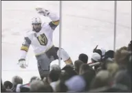  ?? The Associated Press ?? GOLDEN NIGHT: Alex Tuch celebrates after scoring during the first period of the Vegas Golden Knights’ 2-1 victory Sunday against the Jets in Winnipeg to win the NHL Western Conference Finals and advance to the Stanley Cup Final as a first-year...