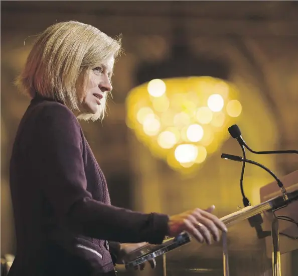  ?? THE CANADIAN PRESS ?? Premier Rachel Notley speaks at a business luncheon put on by the Empire Club in Toronto Monday. Notley is addressing business audiences across the country promoting her government’s work securing “social licence” for pipeline projects like the Trans...