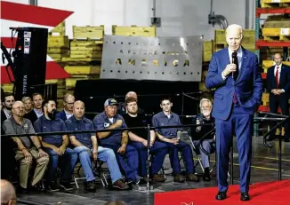  ?? NICK GRAHAM / STAFF ?? President Joe Biden speaks Friday at United Performanc­e Metals in Hamilton. He spoke on the importance of American manufactur­ing and urged Congress to pass legislatio­n such as the Bipartisan Innovation Act.