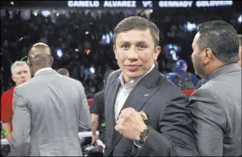  ?? Erik Verduzco Las Vegas Review-Journal @Erik_Verduzco ?? Unified middleweig­ht champion Gennady Golovkin mugs for the camera at T-Mobile Arena on Saturday night after it was announced he will meet Saul “Canelo” Alvarez on Sept. 16, most likely at T-Mobile.