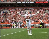  ?? TIM PHILLIS — FOR THE NEWS-HERALD ?? Myles Garrett gestures against the Bears on Sept. 26.